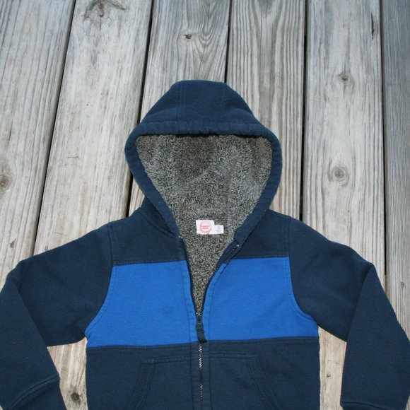 FUZZY SHERPA Zipper Hoodie Boy 4/5 Warm Bright Blue & Navy Light Jacket Layering - Picture 5 of 16